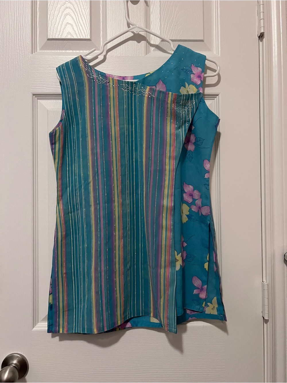 Sleeveless Teal Striped & Floral Summer Tunic Dress Indian dress with set